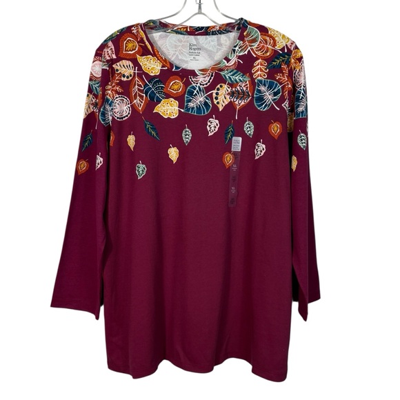 Kim Rogers Perfectly Soft Maroon Leaf Graphic Long Sleeve 100% Cotton Shirt NWT - Picture 1 of 5